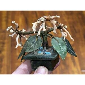 Vintage Chinese Hand Carved Coral & Nephrite Green Jade Leaves Tree Plant